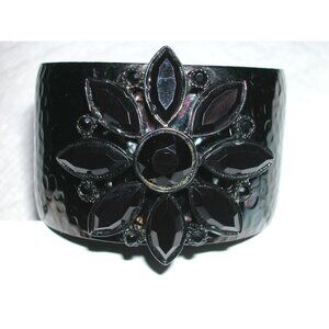 Black Wide Cuff Bracelet With Flower Design & Faceted Black Stones